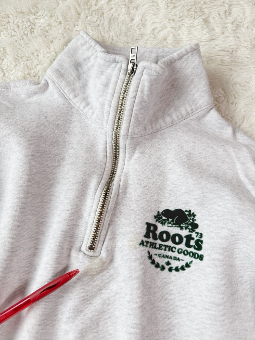 VTG Y2K 90s ROOTS Woman Gray Quarter Zip Cotton Sweater XL Classic Preppy Cozy - Picture 8 of 10